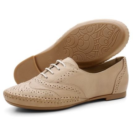 Sapato Oxford Feminino Casual Em Couro Q&A Calçados Bege - Marca Q&A Calçados