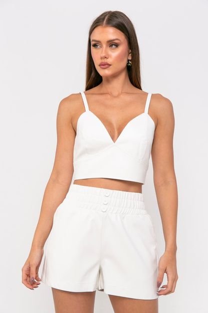 Cropped Feminino Couro Pu Liso Smk Off White - Marca SMK