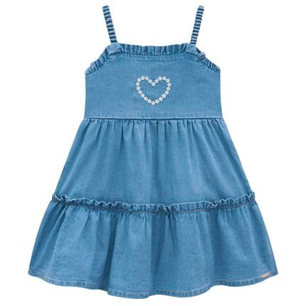 Vestido Verão Infantil Kukiê Menina Alça Coração Bordado  Jeans - Marca Kukiê