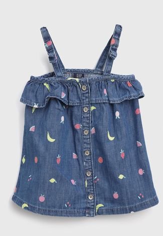 Vestido Jeans GAP Infantil Frutas Azul