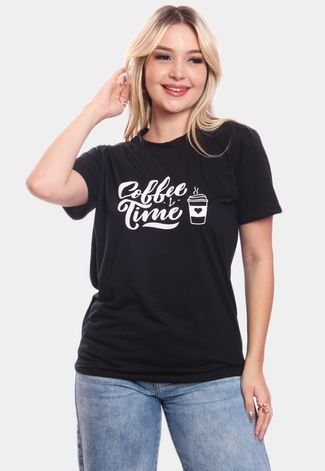 Tshirt Blusa Feminina Coffee Time Estampada Manga Curta Camiseta Camisa Preto