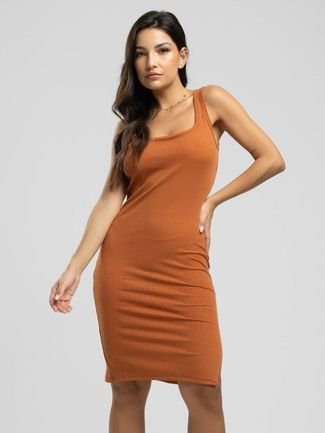 Vestido Midi Regata Canelado Fenda Lateral Moda Casual Feminina Vicbela Terracota