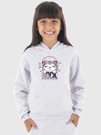 Moletom Canguru Infantil Menina Estampado Cat Rock Cinza Claro