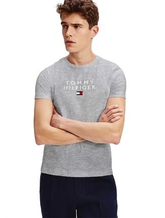 Camiseta Tommy Hilfiger Masculina Stacked Logo Flag Cinza Mescla