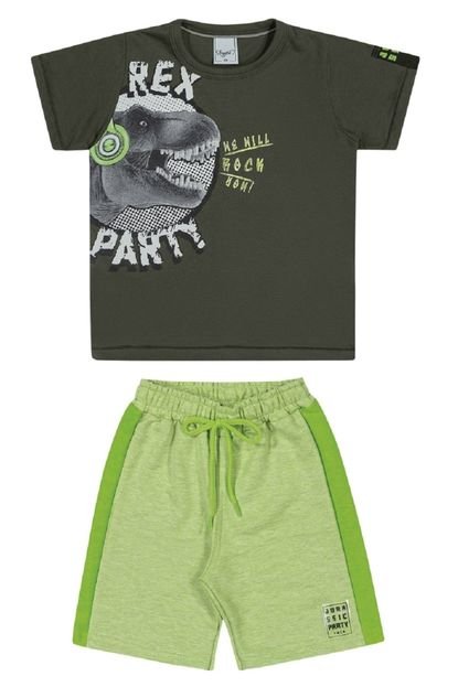 Conjunto Infantil Angerô Bermuda e Camiseta T-Rex Party  Verde - Marca Angerô