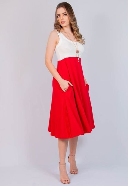 Vestido Maria Paes Midi Vermelho e Off White - Marca Maria Paes