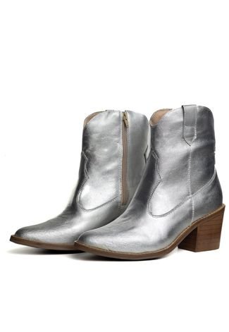 Bota Texana Western Bico Fino Cano Curto Country Couro Metalizado Prata Kuento Shoes