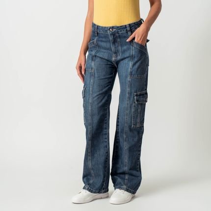 Calça Jeans Wide Recortes Cargo Azul Escuro - Marca Bloom