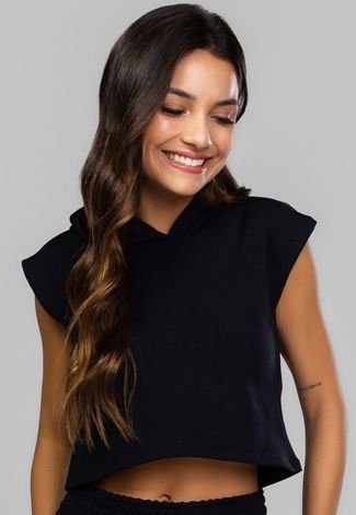 Blusa Cropped Vicbela Regata Com Capuz Moletinho Inverno Preto