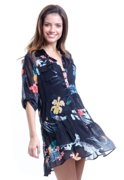Vestido Chemise Evasê Crepe Floral Fundo Preto - Marca 101 Resort Wear