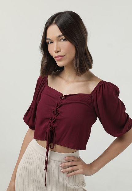 Blusa Cropped Forever 21 Mangas Bufantes Bordô - Marca Forever 21