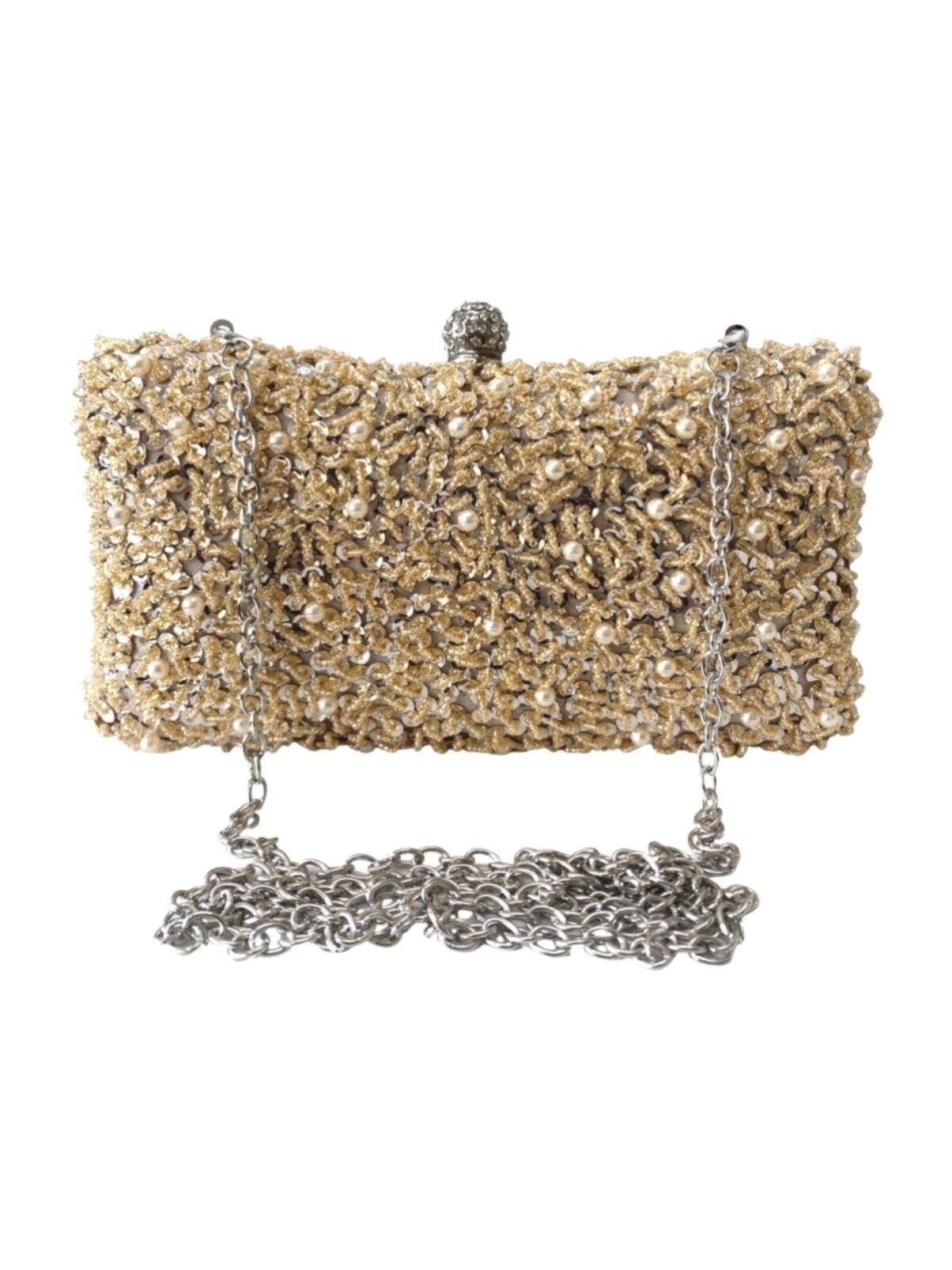 Bolsa Clutch Liage Festa Bordada Brilhante Pedra Pedraria Strass Pérola Alça Alcinha Metal Prata Nude - Marca Liage