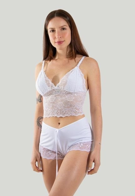 Short Doll Sexy Pijama Curto com Renda Linha Noite Branco - Marca Linha Noite