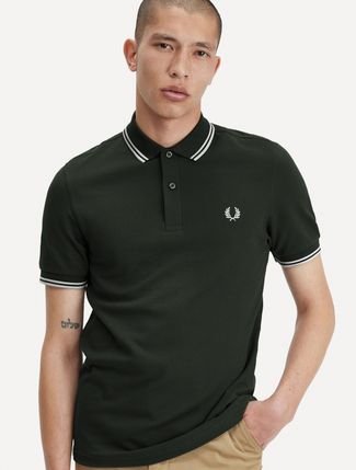 Polo Fred Perry Masculina Piquet Regular White Twin Tipped Verde Escuro
