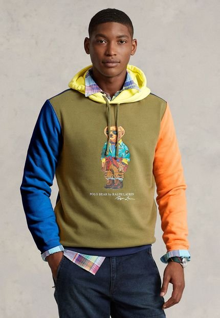 Blusa de Moletom Flanelada Fechada Polo Ralph Lauren Bear Color Block Verde - Marca Polo Ralph Lauren