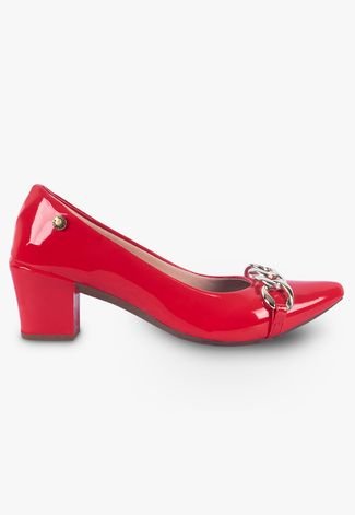 Sapato Feminino Scarpin Corrente Salto Baixo Vermelho