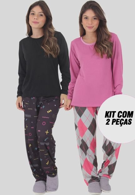 KIT 2 Pijamas Manga Longa Felpado Sonho Outono Inverno - Marca Click Mais Bonita