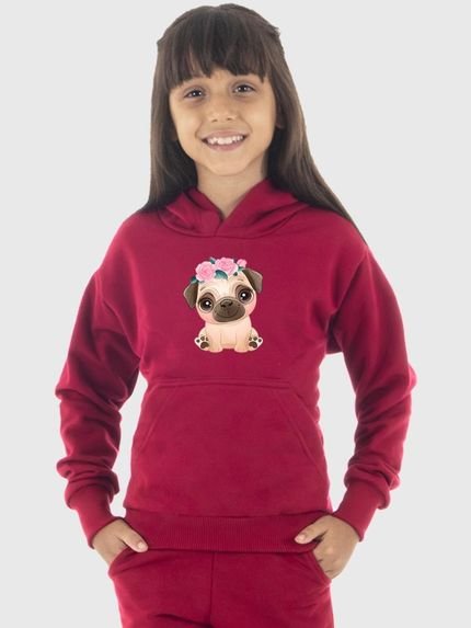 Moletom Canguru Infantil Menina Estampado Dog Pug Vinho - Marca Benellys