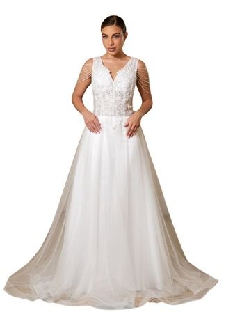 Vestido Longo de Noiva Casamento Renda Detalhes Pedraria Rendado Lilith Branco