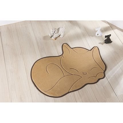 Tapete Formato com Antiderrapante Gato Soneca - 88 cm x 62 cm - Bege - Marca Guga Tapetes