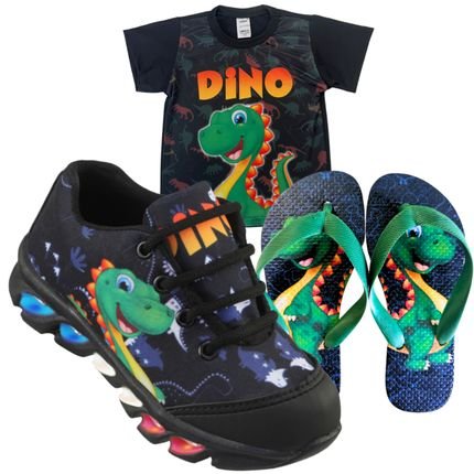 Tenis De Led Infantil Dino Dinossauro Masculino Mais Chinelo Camisa Meninos - Marca LEDSTAR SHOES STORE