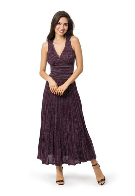 Vestido Pink Tricot Longo Plissado Com Lurex Liso Roxo - Marca Pink Tricot