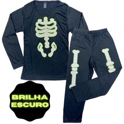 Pijama Preto Esqueleto Brilha no escuro  masculino infantil tamanho 1/2/3/4/6/8 - Marca Alikids