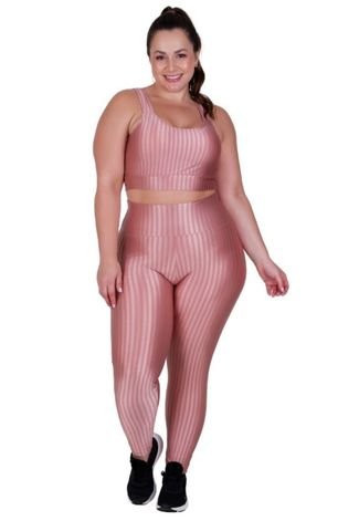 Conjunto Fitness Plus Size Top com Bojo Removível e Calça de Cintura Alta 3D Adulto Feminino Rosa
