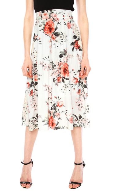 Saia Midi Malwee Floral Off-White - Marca Malwee