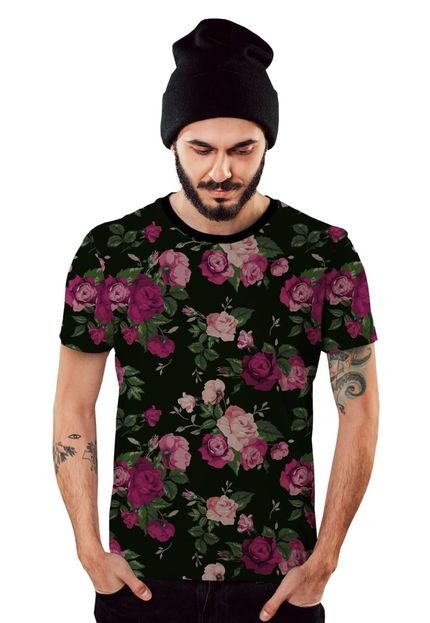 Camiseta Di Nuevo Floral Preta e Rosa Top Preta - Marca Di Nuevo