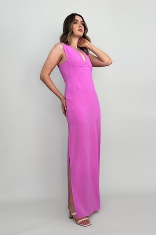 Vestido Longo Pisa Decote V Sem Manga Liso Crepe Conigli Rosa