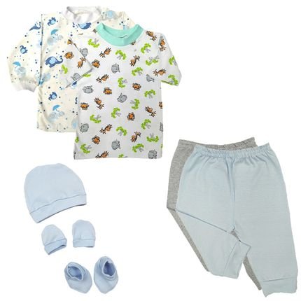 Kit Bebê 7 Peças Camisetas Curta e Longa e Mijão   Kit Touca Azul - Marca Koala Baby