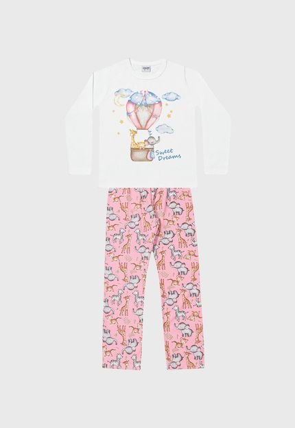 Pijama Fakini Longo Infantil Sweet Dreams Branco/Rosa - Marca Fakini