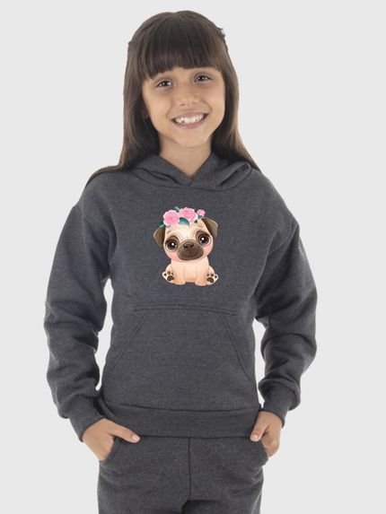 Moletom Canguru Infantil Menina Estampado Dog Pug Chumbo - Marca Benellys