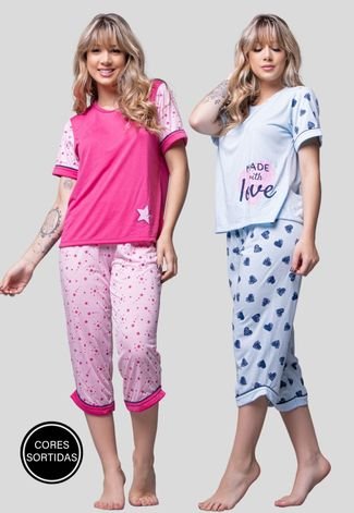 Kit 2 Pijamas Bella Fiore Modas Manga Curta Pescador Rosa
