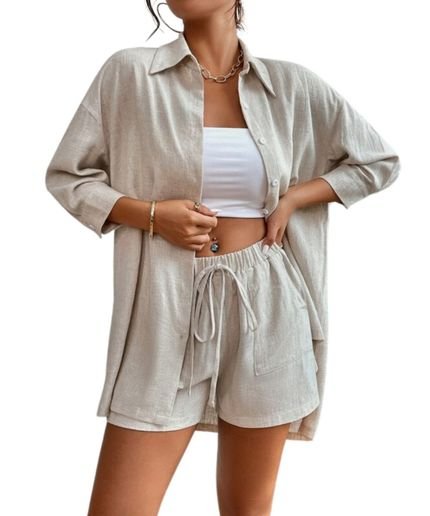 Conjunto De Linho Levosch Camisa e Shorts Nude - Marca 77VS LEVOSCH