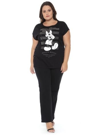 Blusa Cativa Disney Plus Mickey Detalhe Lace Up Preta