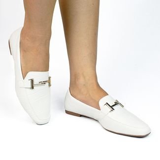 Kit 2 Pares Sapato Feminino Mocassim Donatella Shoes Bico Quadrado Confort Branco Croco e Vermelho