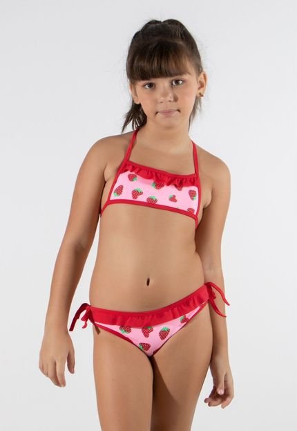 Biquíni Infantil Bella Fiore Modas Com Babadinho Estampado Top Amarração Vermelho - Marca Bella Fiore Modas