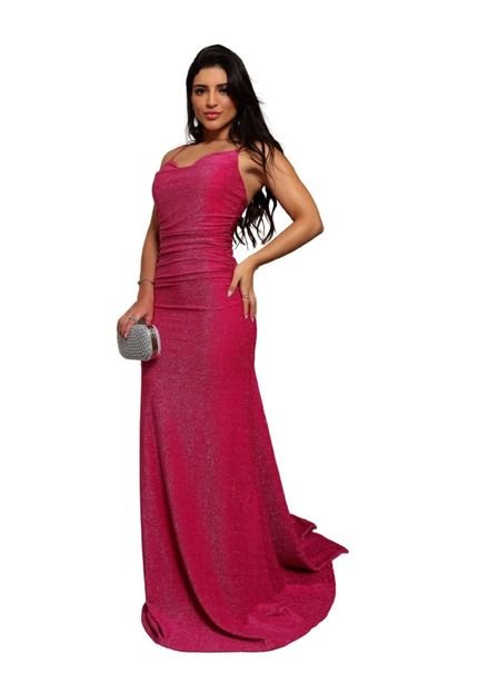 Vestido de Festa Longo Madrinhas Alcinha Lurex Tubinho Sereia Alessandrine Rosa Pink - Marca Cia do Vestido