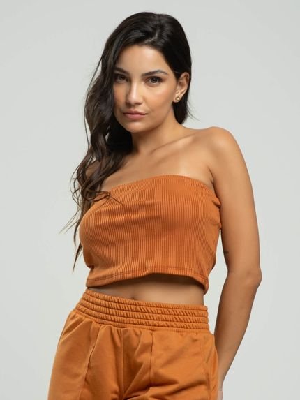 Cropped Canelado Tomara Que Caia Moda Casual Feminina Vicbela Terracota - Marca Vicbela