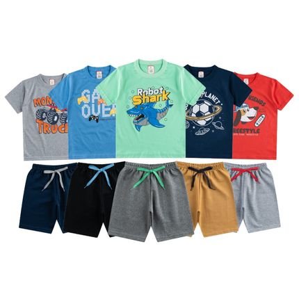 Kit 10 PEÇAS Conjuntos Roupa Masculina Infantil 5 Camisas e 5 Bermudas Roupa Menino - Marca Alikids