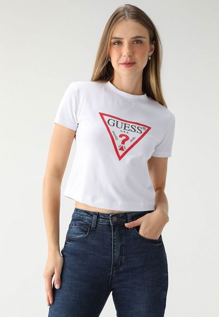 Camiseta Cropped Guess Reta triangle Branca - Marca Guess