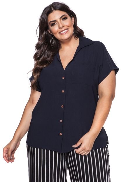 Camisa Almaria Plus Size Pianeta Lisa Azul Marinho - Marca Almaria Plus Size