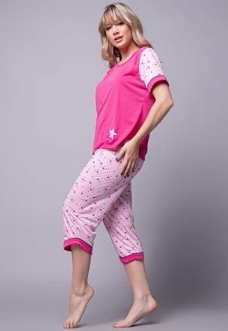 Pijama Bella Fiore Modas Manga Curta Pescador Rosa