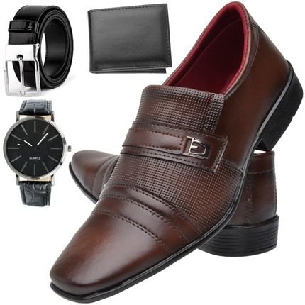 Sapato Social Masculino Clássico Marrom   Cinto   Carteira   Relógio - Marca Dhl Calçados