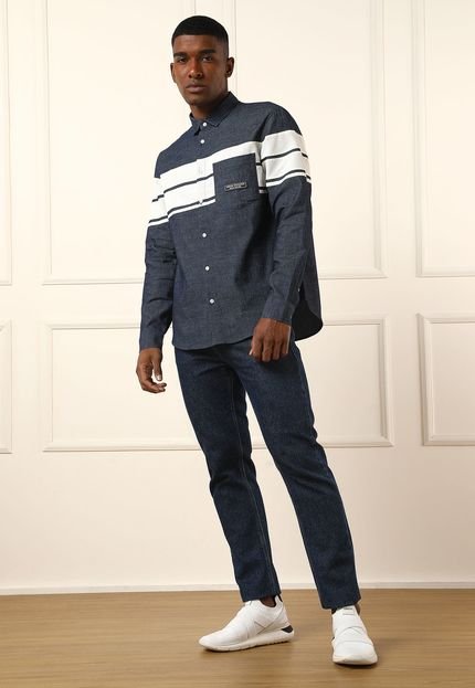 Camisa Jeans AX ARMANI EXCHANGE Reta Listrada Azul - Marca AX ARMANI EXCHANGE