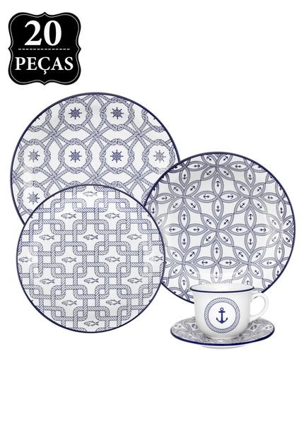 Aparelho de Jantar e Chá Oxford Porcelana Floreal Náutico 20Pçs Branco/Azul - Marca Oxford