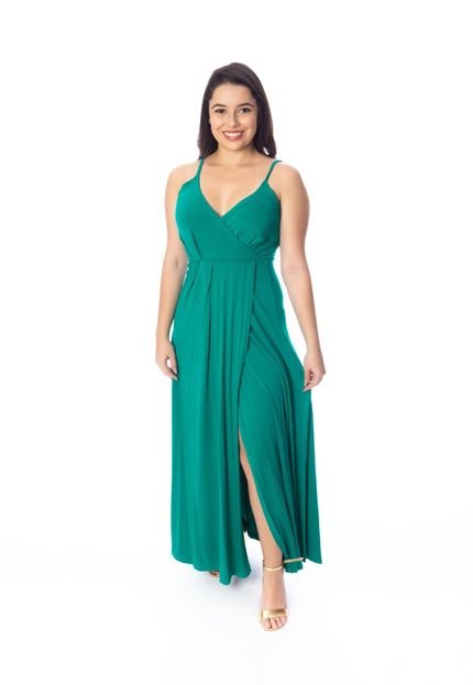 Vestido Moda Vício Longo Alça Fina com Transpasse e Fenda Frente Verde Escuro - Marca Moda Vício