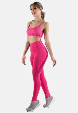 Conjunto Feminino Fitness Top alça fina e Calça Legging Lisa Treino Academia 4 Estações Rosa